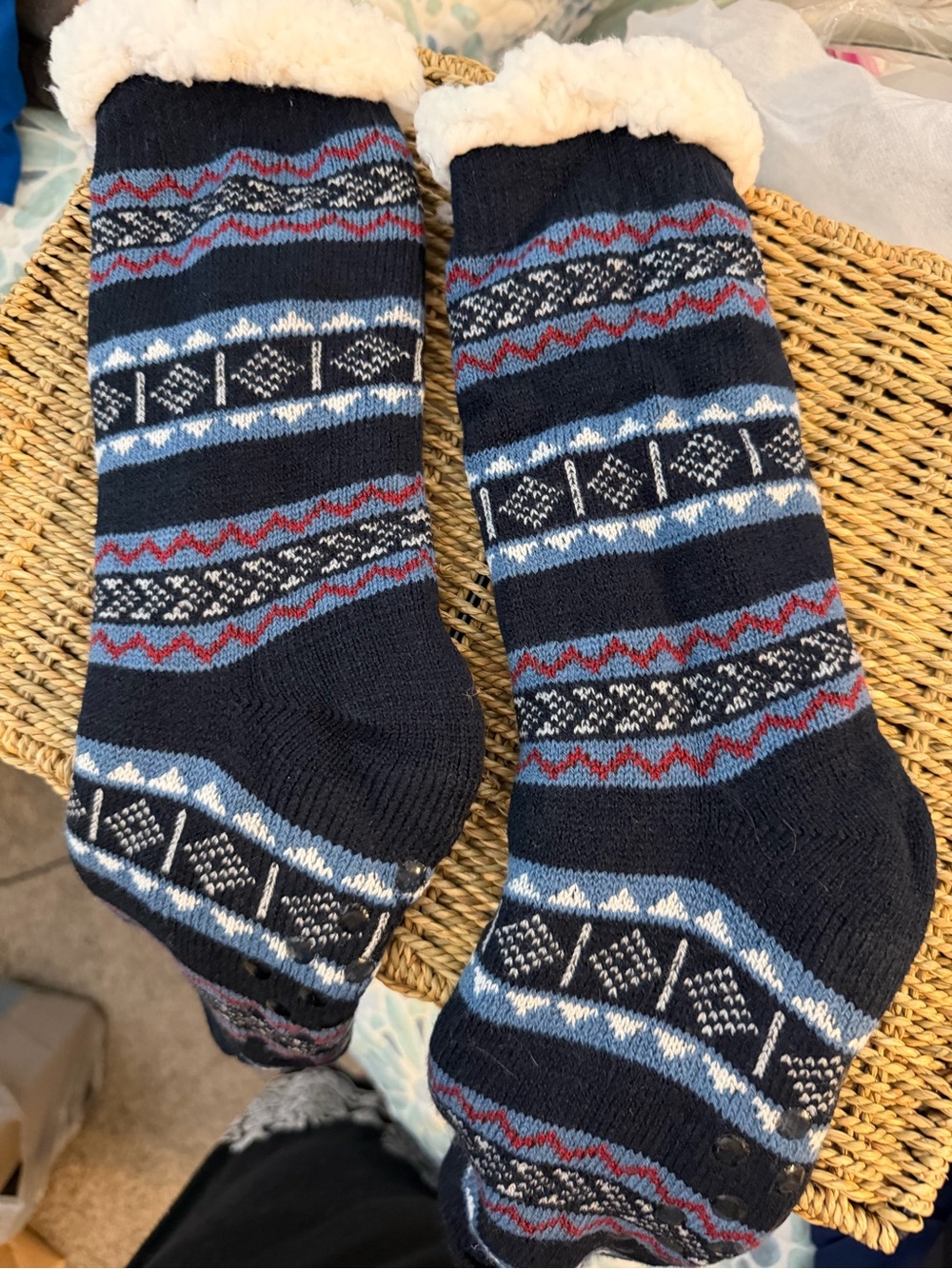 Cozy Navy Fair Isle Lined Men's Slipper Socks